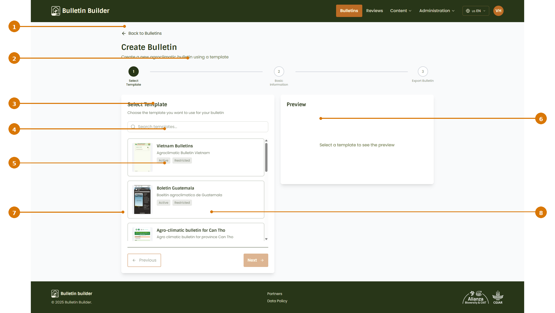 Create bulletin - select template