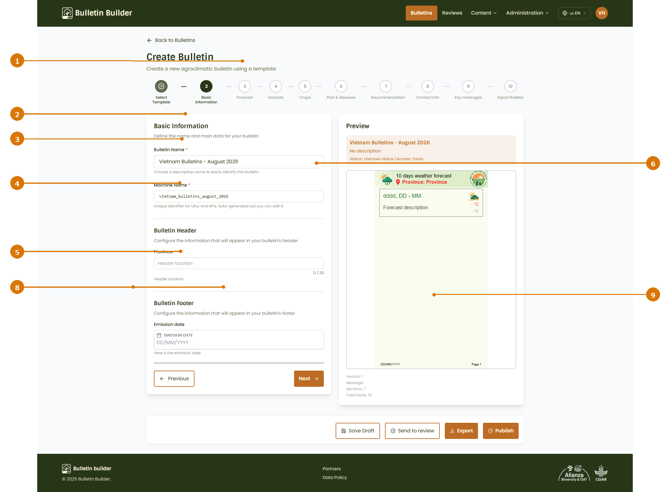 Create bulletin - basic information