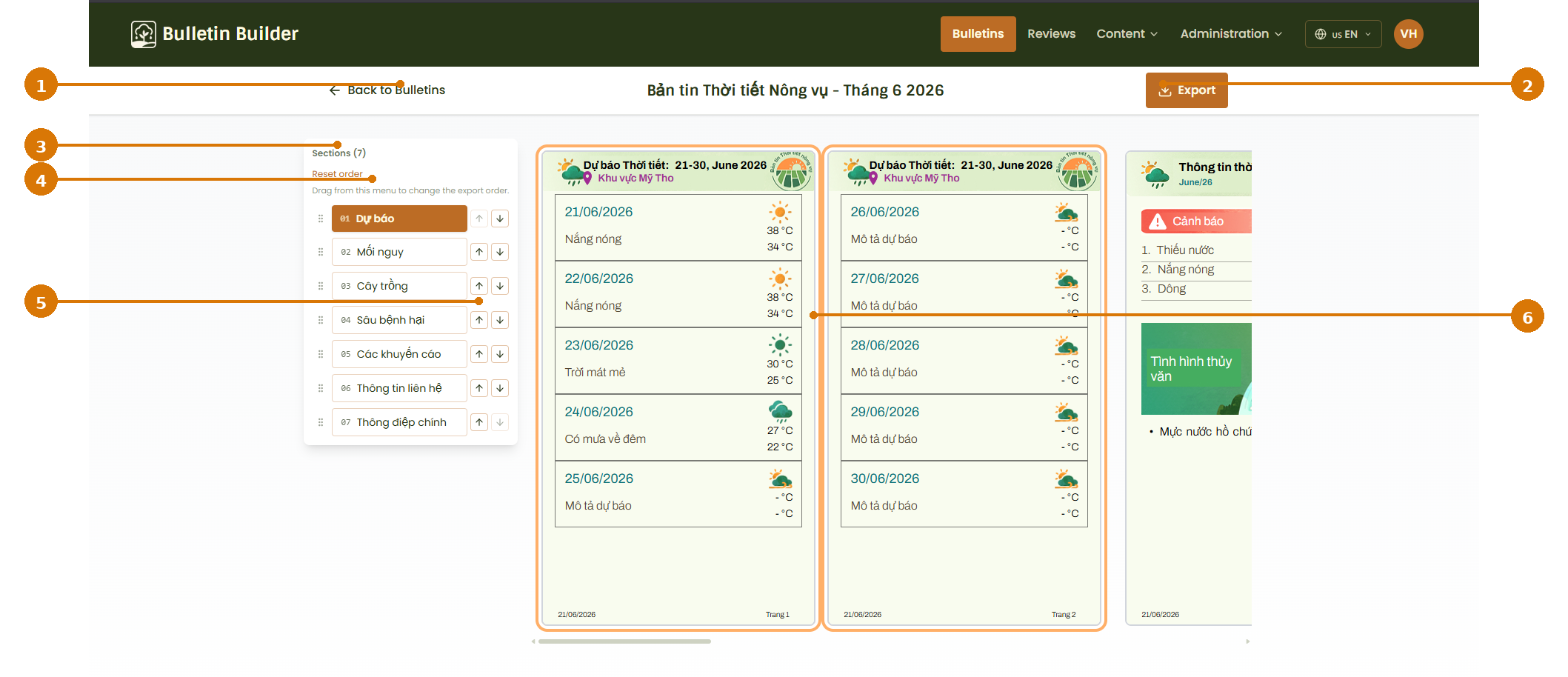 View exported pages and reorder sections