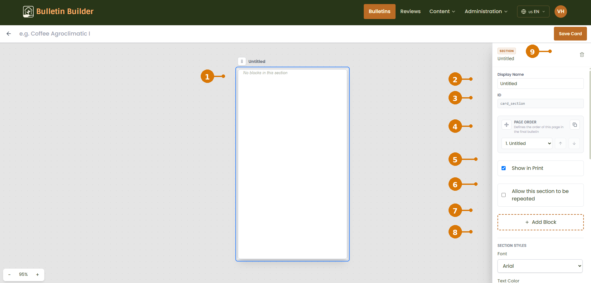 Card section settings
